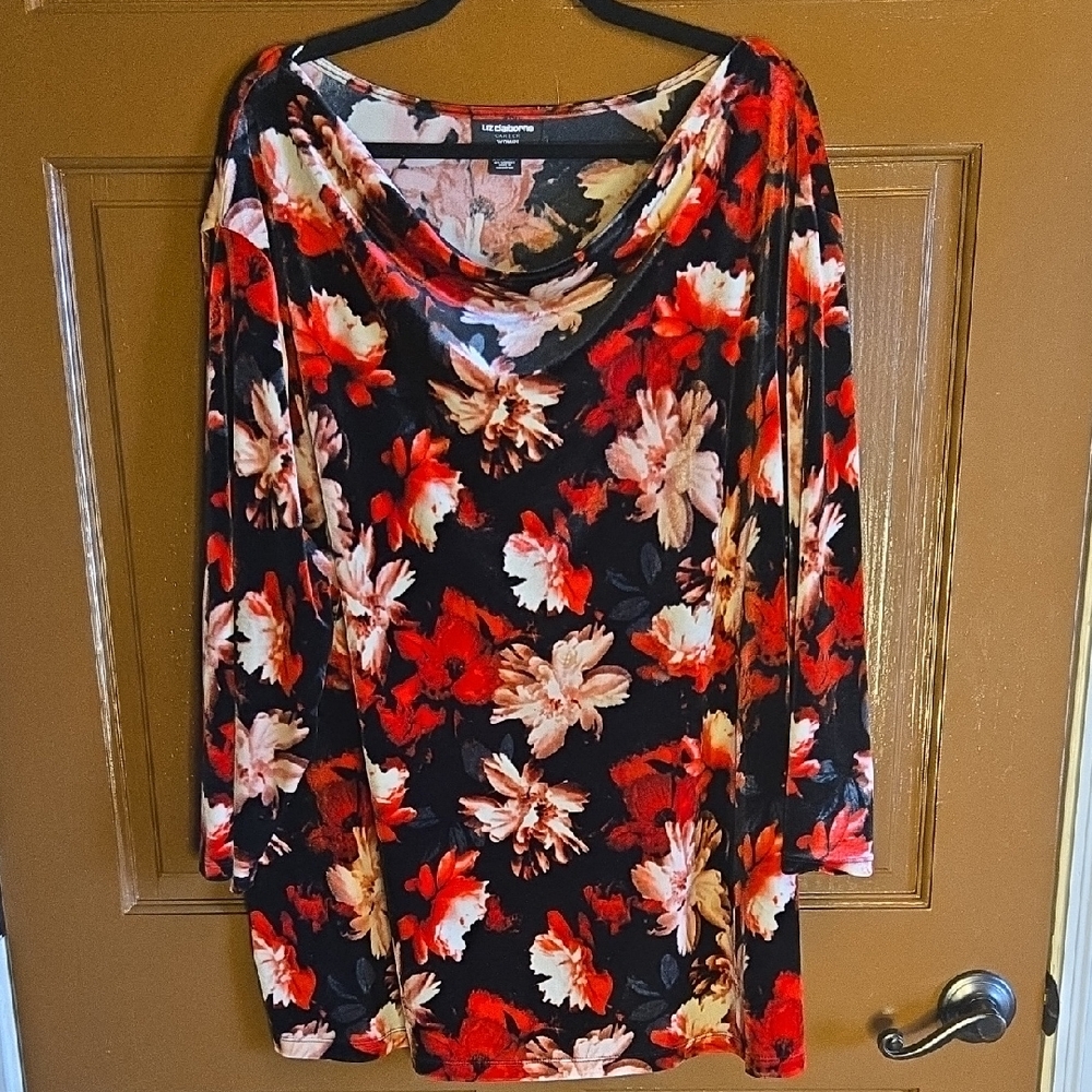 Liz Claiborne-Red, pink, blk floral print pullover stretchy velvet top Sz 3X.